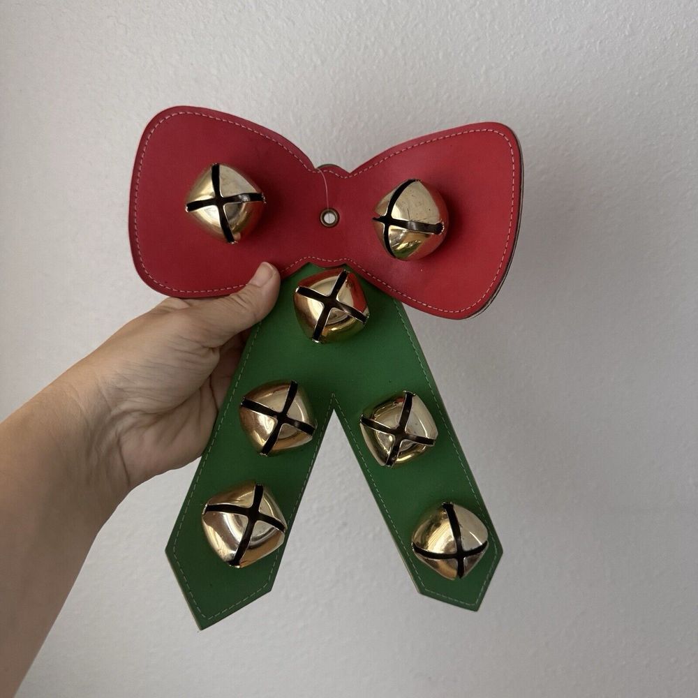 Vtg Christmas Red Green Leather Bow Ribbon Jingle Bells Door Wreath Decor